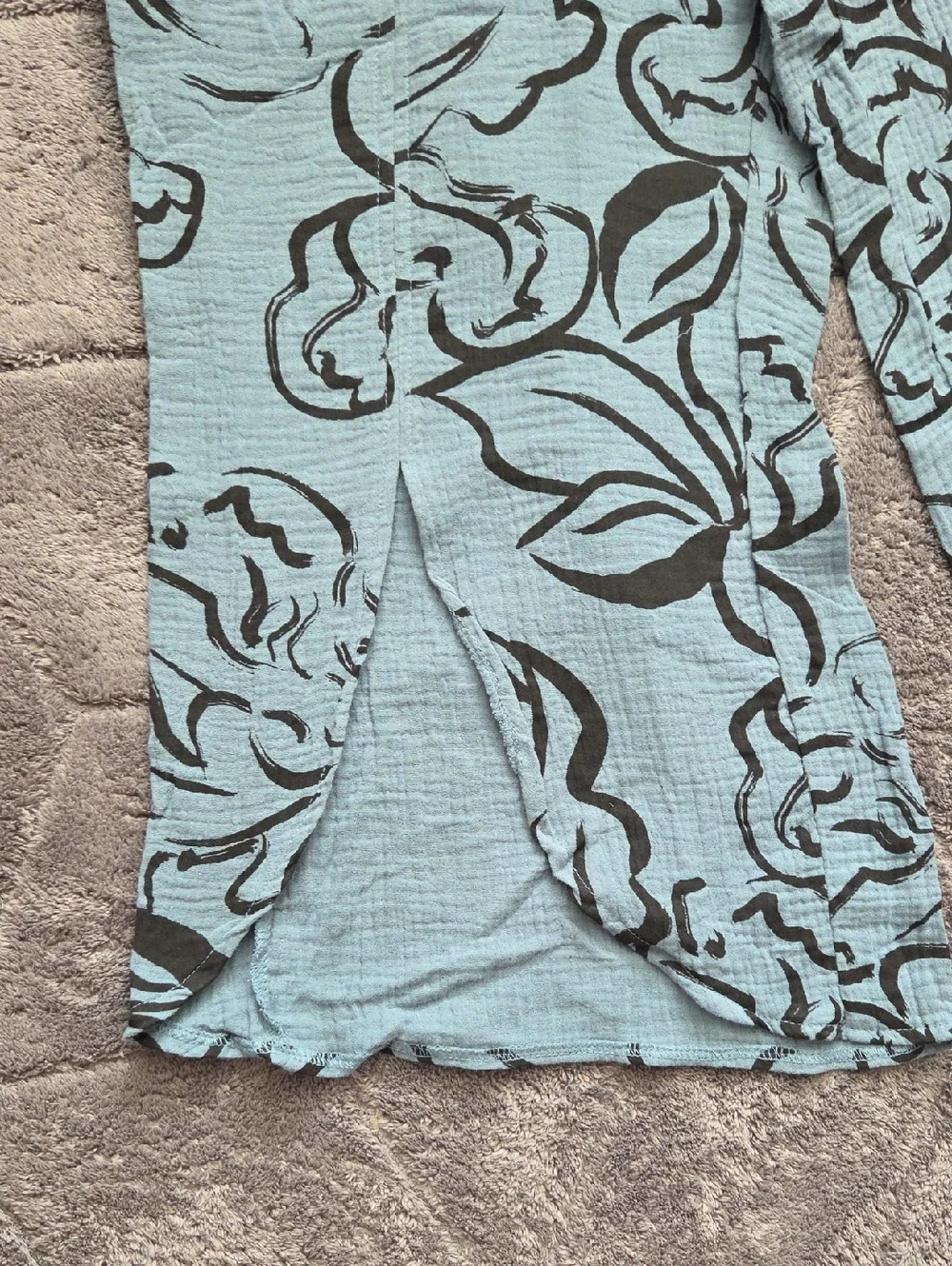 Royalty For Me Teal Blue Floral Split-Hem Wide-Leg 100% Cotton Pants Size Large